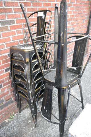 8 BRAND NEW SCRATCH AND DENT! Metal Tolix Style Chairs; 2 Bar Height and 6 Dining Height. 8 Times Your Bid!