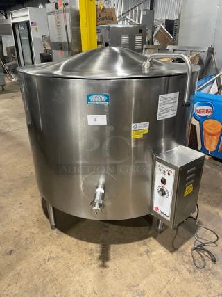 Legion Commercial Stainless Steel Natural Gas Powered Self Contained 125Gal. Stationary Steam Kettle! Model: LGB-125 SN: 140103! On Legs! Working When Removed!