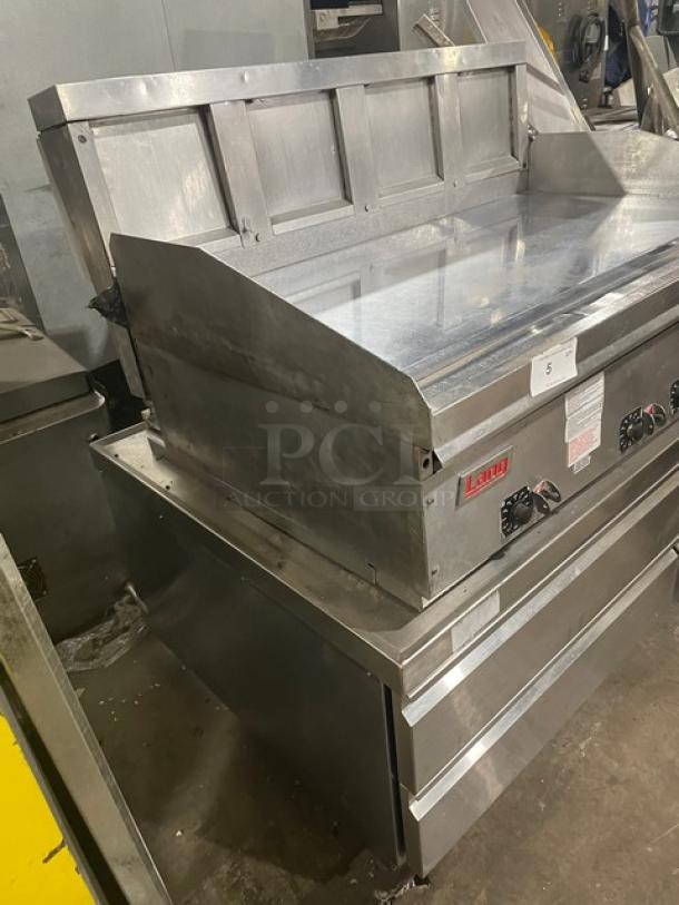 Lang Manufacturing Commercial Stainless Steel Natural Gas Powered Heavy Duty 48" Mirror Shine Polished Top Flat Griddle! With Thermostatic Controls! On Legs! With Delfield Commercial 2 Drawer Refrigerated Chef Base! Model: 17C52P SN: 1905150001649! 115V 1 Phase! On Casters! All One Money! - Image 2 of 12