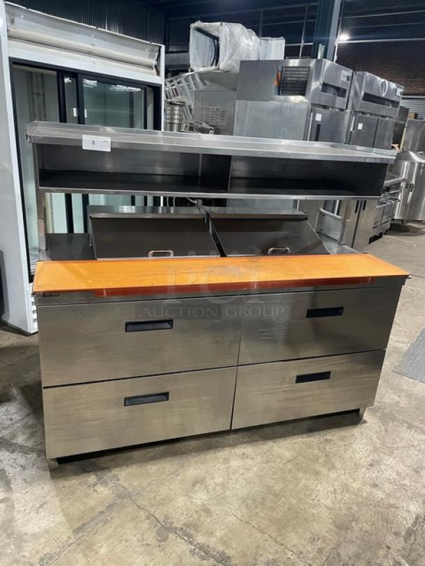 Delfield Commercial Stainless Steel 4 Drawer Refrigerated Mega Top Salad/Sandwich Prep Table! With Enclosed Storage Base Type Shelf Overhead! With Wooden Chopping Block Style Workstation! Model: UCD4464N-12-DD5 SN: 1303152000466! 115V 1Phase! - Image 1 of 10