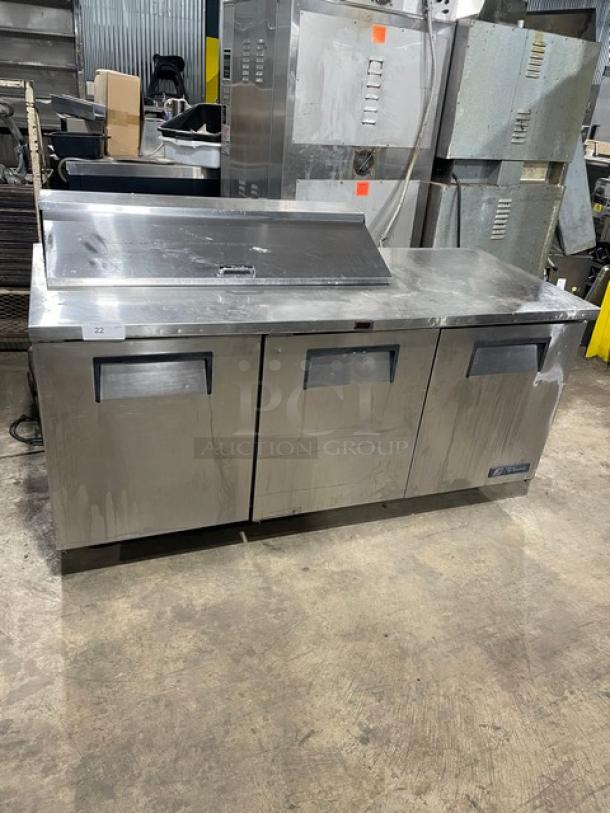 True Commercial Stainless Steel 3 Door Refrigerated Mega Top Salad/Sandwich Prep Table! With Poly Coated Wire Racks! Model: TSSU-72-12 SN: 7868756! 115V 1 Phase! On Casters! - Image 1 of 9
