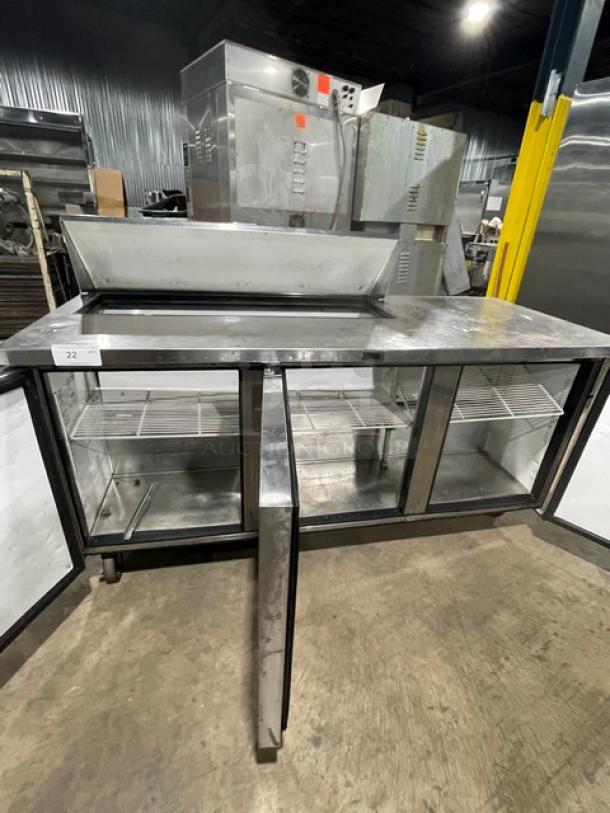 True Commercial Stainless Steel 3 Door Refrigerated Mega Top Salad/Sandwich Prep Table! With Poly Coated Wire Racks! Model: TSSU-72-12 SN: 7868756! 115V 1 Phase! On Casters! - Image 5 of 9