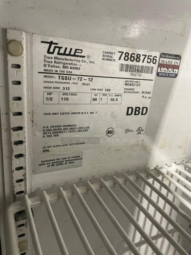 True Commercial Stainless Steel 3 Door Refrigerated Mega Top Salad/Sandwich Prep Table! With Poly Coated Wire Racks! Model: TSSU-72-12 SN: 7868756! 115V 1 Phase! On Casters! - Image 7 of 9