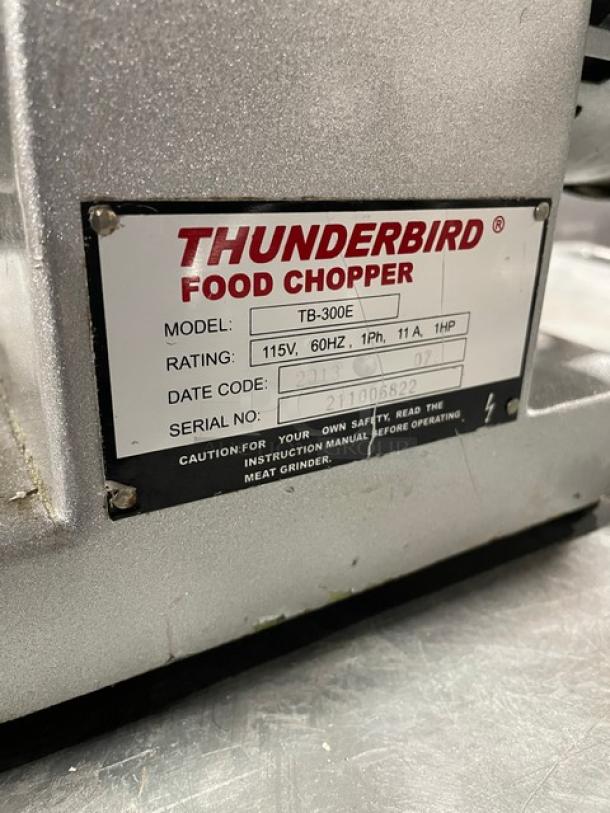 Thunderbird Commercial Stainless Steel Electric Powered Food Chopper/Meat Grinder! Model: TB-300E SN: 211006822! 115V! - Image 7 of 9