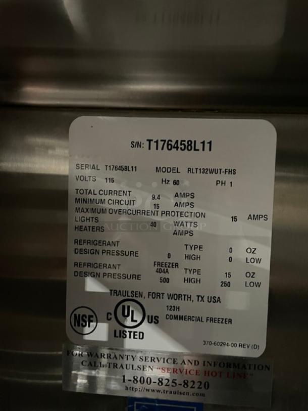 Traulsen Commercial Stainless Steel Solid Single Door Reach In Freezer! With Built In Pan Holding Racks! Model: RLT132WUT-FHS SN: T176458L11! 115V 1 Phase! On Legs! Working When Removed! - Image 8 of 9