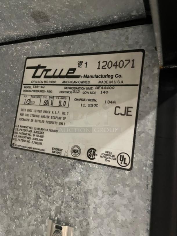 True Commercial Stainless Steel Triple Glass Door Refrigerated Kegerator/Back Bar Cooler! With Poly Coated Wire Racks! With Double Tap Single Tower! Model: TBB-4G SN: 1-1204071! 115V 1 Phase! - Image 8 of 8