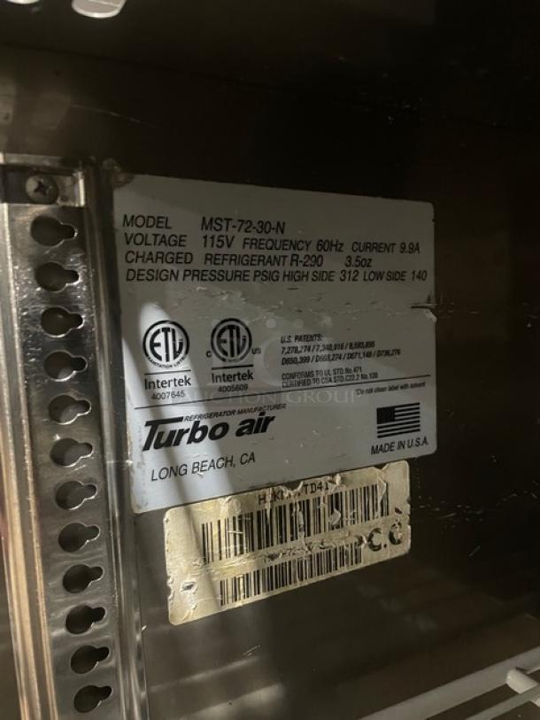 Turbo-Air M3 Series Commercial Stainless Steel Solid 3 Door Refrigerated Bain Marie Style Mega Top Salad/Sandwich Prep Table! With Poly Coated Wire Racks! Model: MST-72-30-N! 115V! On Casters! - Image 9 of 10