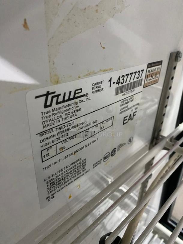 True Commercial Slanted Glass Single Duty Refrigerated Deli Display Merchandiser Case! With Poly Coated Racks! With Rear Double Sliding Glass Doors! Model: TSID-72-3 SN: 1-4377737! 115V 1 Phase! On Casters! - Image 7 of 9
