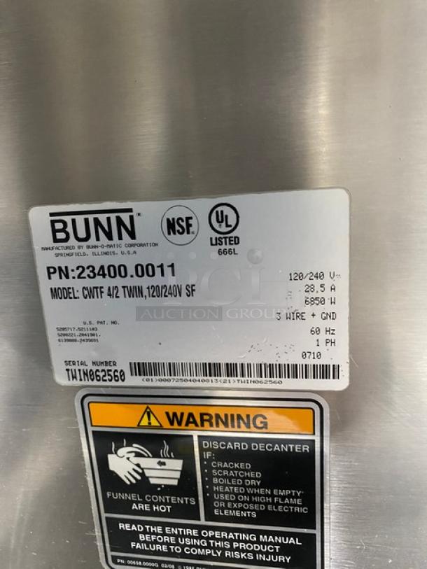 Bunn CW Series Commercial Stainless Steel Countertop 6 Warmer Twin Coffee Brewer! With 4 Upper & 2 Lower Warmers! With Bunn Stainless Steel Coffee Funnel! With Hot Water Dispenser! Model: CWTF 4/2 TWIN, 120/240V SF SN: TWIN062560! 120/240V 1 Phase! - Image 8 of 8