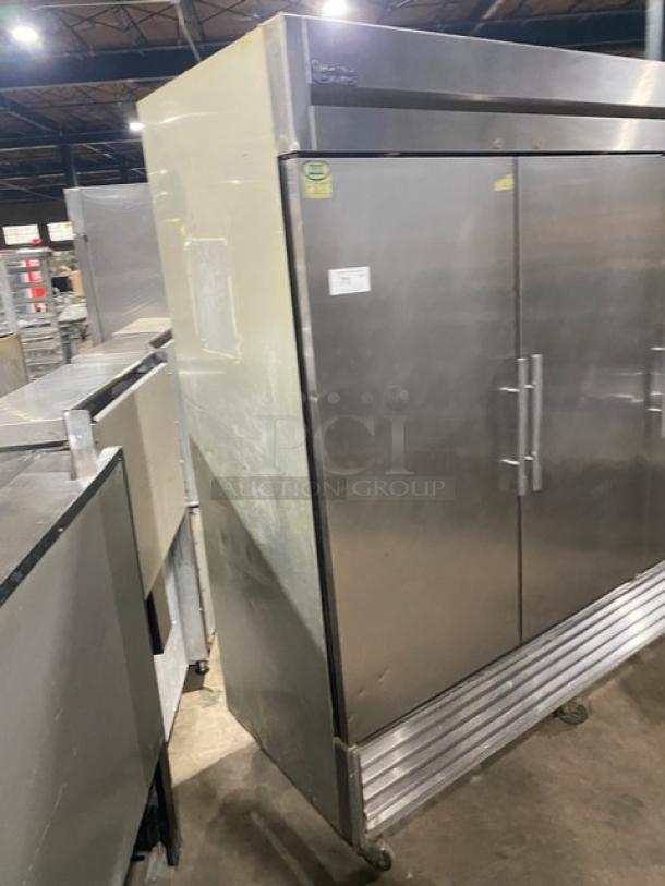 True Commercial Stainless Steel Solid 3 Door Reach In Refrigerator! With Poly Coated Wire Racks! Model: T-72 SN: 1-2432016! 115V 1 Phase! On Casters! Working When Removed! - Image 2 of 8