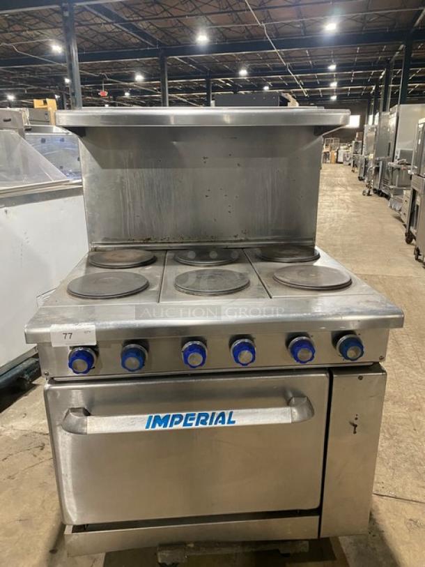 Imperial Commercial Stainless Steel Electric Powered 6 Burner Hot Plate Range! With Full Oven Underneath! With Back Splash & Overhead Salamander Shelf! With Oven Racks! - Image 1 of 9