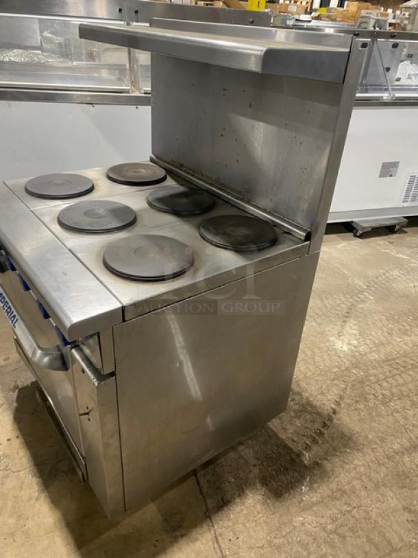 Imperial Commercial Stainless Steel Electric Powered 6 Burner Hot Plate Range! With Full Oven Underneath! With Back Splash & Overhead Salamander Shelf! With Oven Racks! - Image 2 of 9