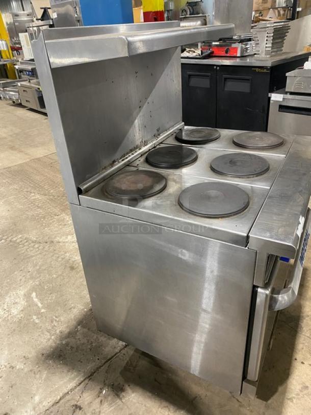 Imperial Commercial Stainless Steel Electric Powered 6 Burner Hot Plate Range! With Full Oven Underneath! With Back Splash & Overhead Salamander Shelf! With Oven Racks! - Image 4 of 9