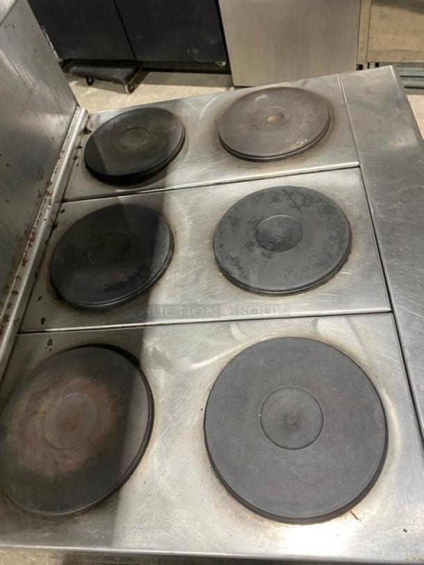 Imperial Commercial Stainless Steel Electric Powered 6 Burner Hot Plate Range! With Full Oven Underneath! With Back Splash & Overhead Salamander Shelf! With Oven Racks! - Image 5 of 9