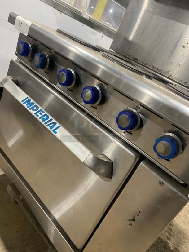 Imperial Commercial Stainless Steel Electric Powered 6 Burner Hot Plate Range! With Full Oven Underneath! With Back Splash & Overhead Salamander Shelf! With Oven Racks! - Image 8 of 9
