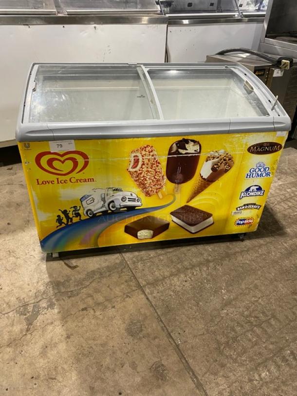 Commercial Curved Top Glass Sliding Door Ice Cream Merchandiser Chest Freezer! On Castors! - Image 1 of 6