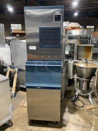 Blueair! Late Model! Commercial Floor Style Cresent Ice Cube Machine Head! With 538Lbs Production/24Hrs! Model: BLMI-500A! 115V 1 Phase! With Blueair Ice Storage Bin Underneath! Model: BLIB-300S SN: BIB3A94NB00015! On Legs! - Item #1156075