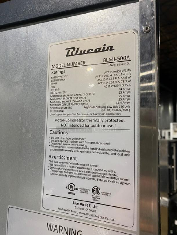 BlueAir! Late Model! Commercial Floor Style Cresent Ice Cube Machine Head! With 538Lbs Production/24Hrs! Model: BLMI-500A! 115V 1 Phase! With BlueAir Ice Storage Bin Underneath! Model: BLIB-300S SN: BIB3A94NB00015! On Legs! - Image 5 of 8