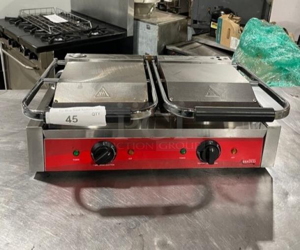 Avantco Commercial Stainless Steel Electric Powered Countertop Double Panini/Sandwich Press Grill! With Smooth Cast Iron Plates! On Legs! - Image 1 of 8