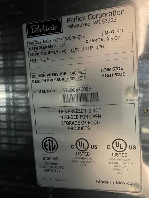 Perlick Commercial Stainless Steel/Black Single Door Undercounter Reach In Freezer! With Black Poly Coated Wire Racks! Model: HC24FS2BRF-STK SN: 1710057608B! 115V 1 Phase! - Image 8 of 8