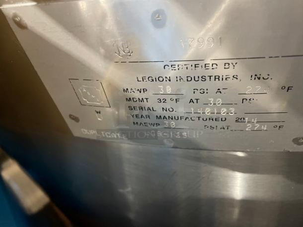 Legion Commercial Stainless Steel Natural Gas Powered Self Contained 125Gal. Stationary Steam Kettle! Model: LGB-125 SN: 140103! On Legs! Working When Removed! - Image 11 of 12