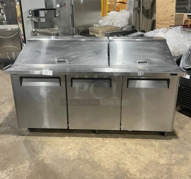 Turbo-Air M3 Series Commercial Stainless Steel Solid 3 Door Refrigerated Bain Marie Style Mega Top Salad/Sandwich Prep Table! With Poly Coated Wire Racks! Model: MST-72-30-N! 115V! On Casters! - Image 1 of 10