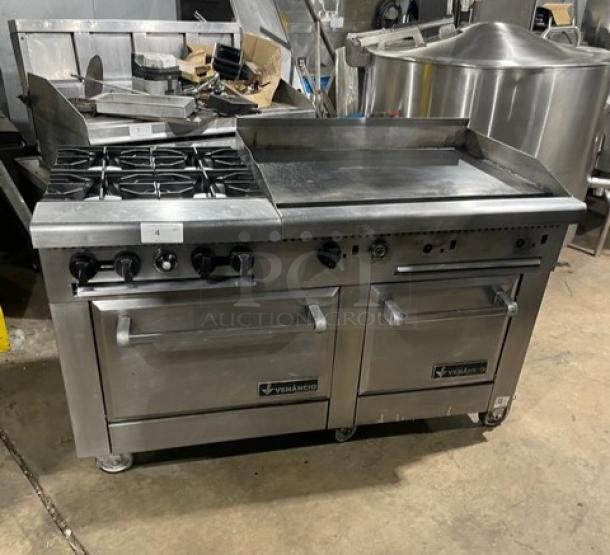 Venancio USA Commercial Stainless Steel Natural Gas Powered 4 Burner Range/Flat Griddle Split Top & Double Oven Combo! With Wired Oven Rack! Model: R602ST-24B30G! On Casters! - Image 1 of 11