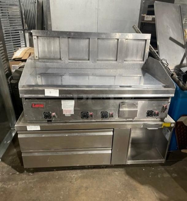 Lang Manufacturing Commercial Stainless Steel Natural Gas Powered Heavy Duty 48" Mirror Shine Polished Top Flat Griddle! With Thermostatic Controls! On Legs! With Delfield Commercial 2 Drawer Refrigerated Chef Base! Model: 17C52P SN: 1905150001649! 115V 1 Phase! On Casters! All One Money! - Image 1 of 12
