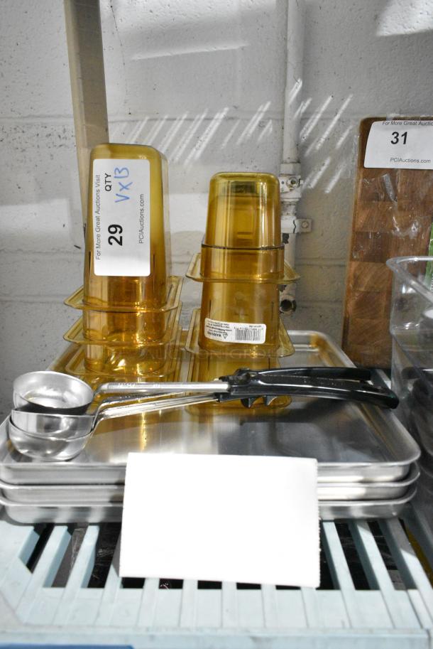 13 BRAND NEW SCRATCH AND DENT! Items Including 6 Amber Colored Drop In Bins, 3 Spoodles, 3 124SQ1210 American Metalcraft SQ1210 12" x 12" x 1" Square Deep Dish Pizza Pan. 13 Times Your Bid! - Image 1 of 6