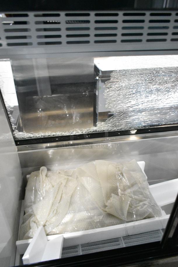 BRAND NEW SCRATCH AND DENT! 2024 Avantco 178DDLC84B 84" Black Square Glass Refrigerated Double-Duty Deli Case. See Pictures For Broken Glass. 115 Volts, 1 Phase. Tested and Working! - Image 4 of 7
