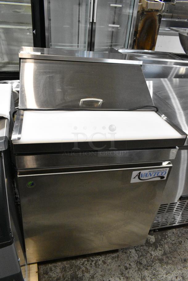 BRAND NEW SCRATCH AND DENT! 2021 Avantco 447APST27 27" 1 Door Stainless Steel Refrigerated Sandwich / Salad Prep Table on Commercial Casters. 115 Volts, 1 Phase. Tested and Powers On But Does Not Get Cold - Image 1 of 6