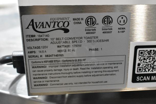 BRAND NEW SCRATCH AND DENT! 2024 Avantco 184T140 Commercial 10" Wide Conveyor Toaster with 3" Opening 300 Slices per Hour. 120 Volts, 1 Phase. Tested and Working! - Image 7 of 7