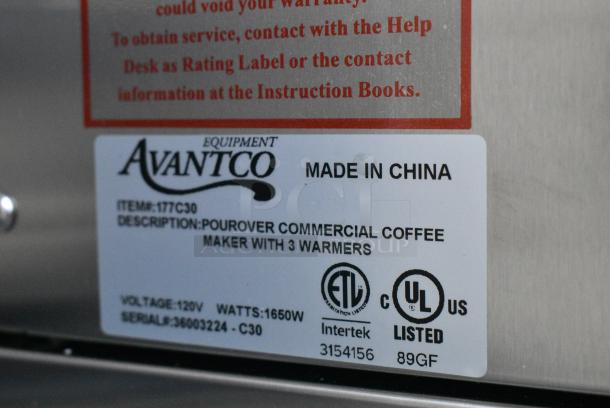 BRAND NEW SCRATCH AND DENT! Avantco 177C30 Stainless Steel Pourover Commercial Coffee Maker with 3 Warmers and Brew Basket. 120 Volts, 1 Phase. - Image 7 of 8