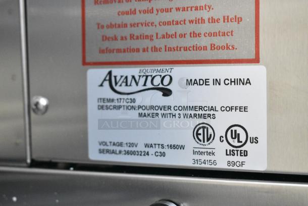 BRAND NEW SCRATCH AND DENT! Avantco 177C30 Stainless Steel Pourover Commercial Coffee Maker with 3 Warmers and Brew Basket. 120 Volts, 1 Phase. - Image 8 of 8