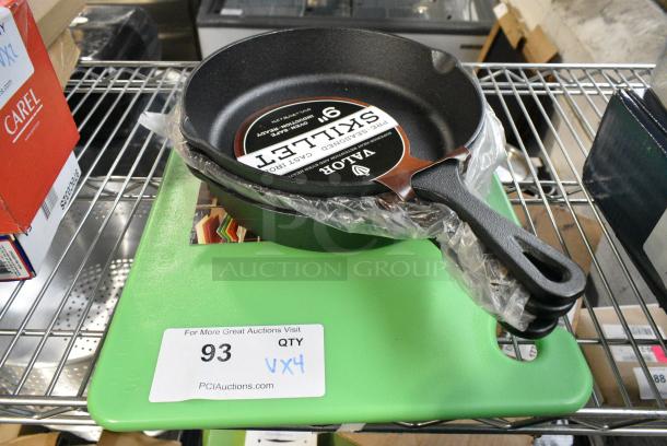 4 BRAND NEW SCRATCH AND DENT! Items Including CB121812GN San Jamar CB121812GN Cut-N-Carry® 18" x 12" x 1/2" Green Cutting Board with Hook and 3 825RSK9 Valor 9" Pre-Seasoned Cast Iron Skillet. 4 Times Your Bid! - Image 1 of 6