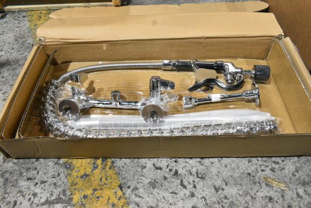 BRAND NEW SCRATCH AND DENT! Equip by T&S 5PR-8W12-C Wall Mounted 35 11/16" High Pre-Rinse Faucet with 8" Adjustable Centers, 1.2 GPM Spray Valve, 44" Hose, 12 1/8" Add-On Faucet, and 6" Wall Bracket - Image 1 of 4