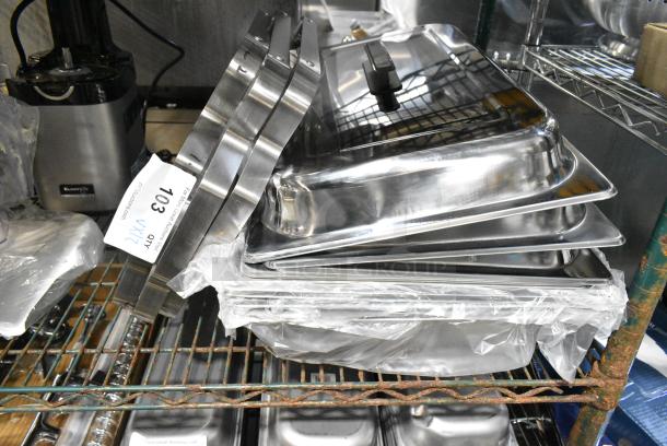 12 BRAND NEW SCRATCH AND DENT! Items Including Metal Folding Chafer Frame, 3 Chafer Lids and Chafer Drop Ins. 12 Times Your Bid! - Image 1 of 3