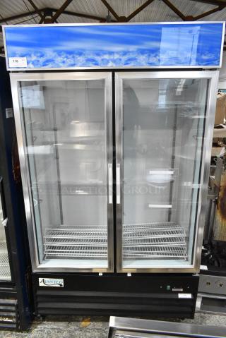 BRAND NEW SCRATCH AND DENT! Avantco 178GDC40 GDC-40-HC 48" Black Customizable Swing Glass Door Merchandiser Refrigerator with LED Lighting on Commercial Casters. 115 Volts, 1 Phase. Tested and Working!