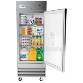 BRAND NEW SCRATCH AND DENT! 2022 KoolMore RIR-1D-SS-19C 15.5 Cu. Ft. 1 Solid Door Stainless Steel Reach In Refrigerator. 115 Volts, 1 Phase. Tested and Powers On But Does Not Get Cold