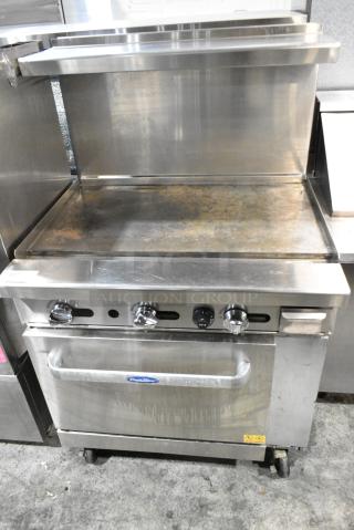 CookRite Stainless Steel Commercial Natural Gas Powered Flat Top Griddle w/ Oven, Over Shelf and Back Splash on Commercial Casters. - Item #1155904