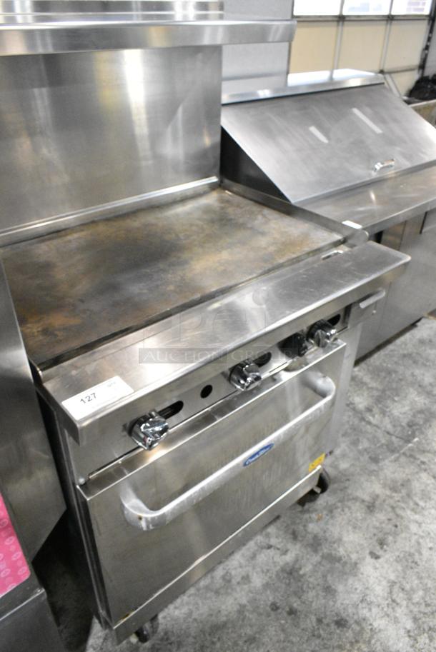 CookRite Stainless Steel Commercial Natural Gas Powered Flat Top Griddle w/ Oven, Over Shelf and Back Splash on Commercial Casters. - Image 2 of 6