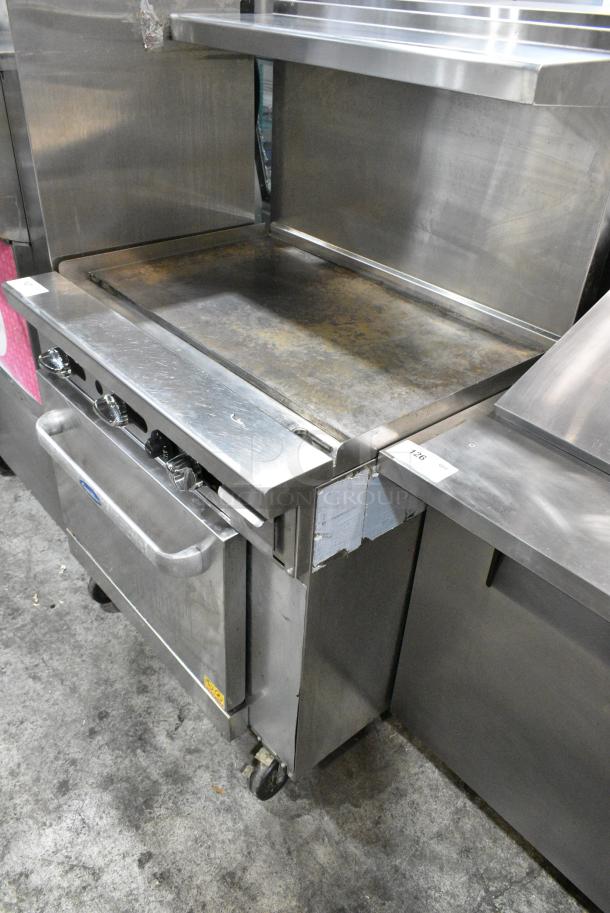 CookRite Stainless Steel Commercial Natural Gas Powered Flat Top Griddle w/ Oven, Over Shelf and Back Splash on Commercial Casters. - Image 3 of 6