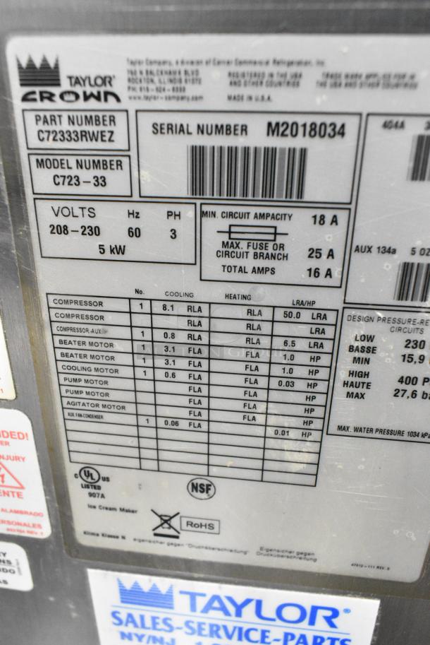 Taylor C723-33 Stainless Steel Commercial Floor Style Air Cooled 2 Flavor w/ Twist Soft Serve Ice Cream Machine. 208-230 Volts, 3 Phase. - Image 8 of 8