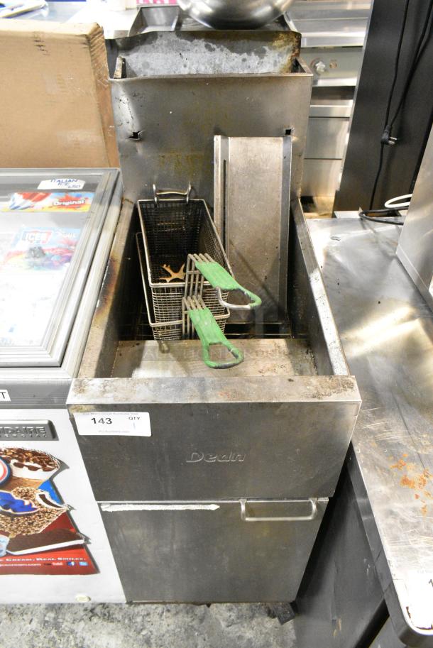 Dean SR42GN Stainless Steel Commercial Floor Style Natural Gas Powered Deep Fat Fryer w/ 2 Metal Fry Baskets. 105,000 BTU. - Image 1 of 5