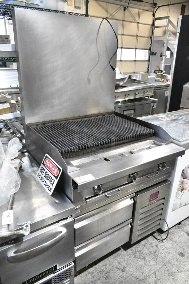 Southbend Stainless Steel Commercial Natural Gas Powered Charbroiler Grill w/ Back Splash on 2018 Desmon 2 Drawer Chef Base. Tested and Powers On But Does Not Get Cold - Image 1 of 6