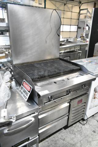 Southbend Stainless Steel Commercial Natural Gas Powered Charbroiler Grill w/ Back Splash on 2018 Desmon 2 Drawer Chef Base. Tested and Powers On But Does Not Get Cold