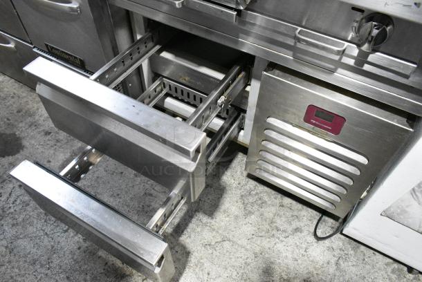 Southbend Stainless Steel Commercial Natural Gas Powered Charbroiler Grill w/ Back Splash on 2018 Desmon 2 Drawer Chef Base. Tested and Powers On But Does Not Get Cold - Image 4 of 6