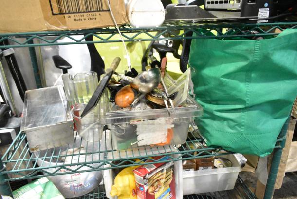 ALL ONE MONEY! Tier Lot of Various Items Including Utensils, Poly Bins and Green Bag. - Image 1 of 3
