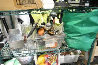 ALL ONE MONEY! Tier Lot of Various Items Including Utensils, Poly Bins and Green Bag.
