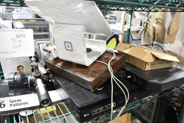 ALL ONE MONEY! Tier Lot of Various Items Including Square POS Tablet Stand, Wooden Box and Electronics - Image 2 of 3